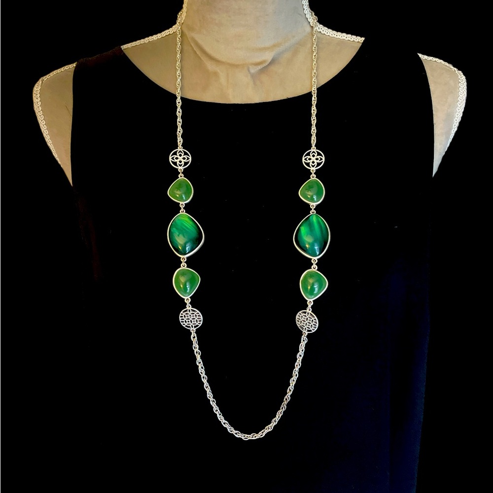 Dana Buchman Jade/Silver Long Statement Necklace & Matching Earrings